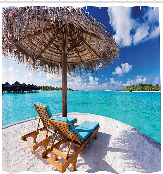 Ambesonne Beach Shower Curtain, Maldives Scenic Seaside View Sunbeds Under Umbrella Romantic Honeymoon Theme, Cloth Fabric Bathroom Decor Set with Hooks, 69" W x 70" L, Brown White