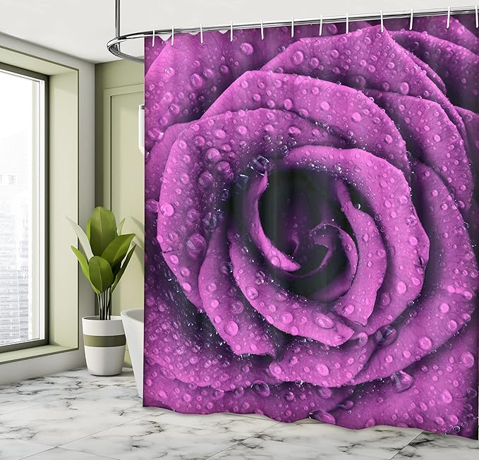 Ambesonne Purple Shower Curtain, Fresh Raindrops on a Big Valentine Rose Universal Timeless Romantic Love Blooms, Cloth Fabric Bathroom Decor Set with Hooks, 69" W x 84" L, Purple