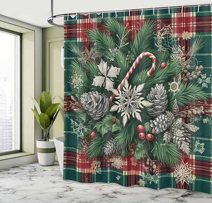 Ambesonne Christmas Shower Curtain, Traditional Xmas Pinecone Candies and Leaves Ornate on Plaid Background, Cloth Fabric Bathroom Decor Set with Hooks, 69" W x 70" L, Green Grey and Ruby