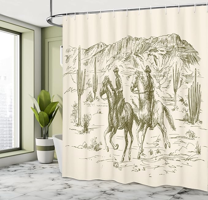 Ambesonne Western Shower Curtain, Country Theme Hand Drawn Illustration of American Wild West Desert with Cowboys, Cloth Fabric Bathroom Decor Set with Hooks, 69" W x 70" L, Cream Khaki