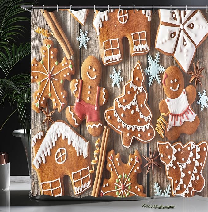 Ambesonne Gingerbread Man Shower Curtain, Tasty Looking Traditional Cookies Little Snowflakes Cinnamon, Cloth Fabric Bathroom Decor Set with Hooks, 69" W x 75" L, Umber Pale Brown White