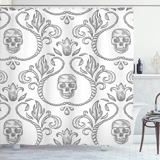 Ambesonne Gothic Shower Curtain, Ornament Skull Goth Skeleton Floral Motifs in Baroque Style Illustration, Cloth Fabric Bathroom Decor Set with Hooks, 69" W x 70" L, Pale Grey