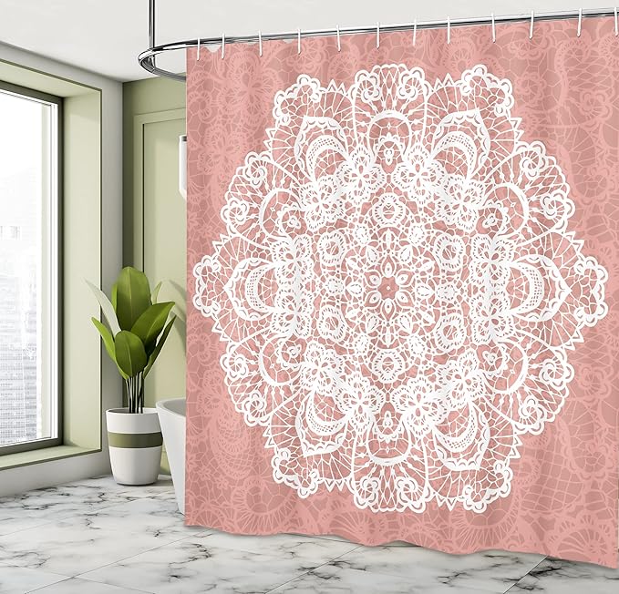 Ambesonne Mandala Shower Curtain, Lace Style Vector Mandala Vintage Abstract Floral Ornamental Design Print, Cloth Fabric Bathroom Decor Set with Hooks, 69" W x 70" L, Dried Rose White