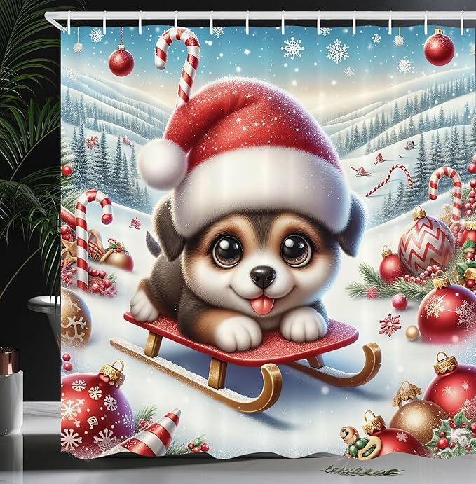 Ambesonne Christmas Shower Curtain, Dog with Santa Hat and Big Innocent Eyes Holiday Joy Snowy Mountains, Cloth Fabric Bathroom Decor Set with Hooks, 69" W x 84" L, Dark Pink Blue Brown
