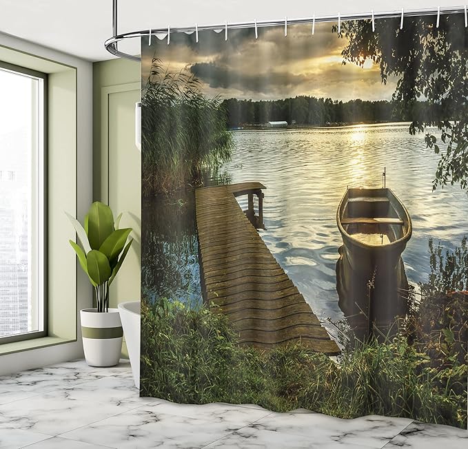 Ambesonne Seascape Shower Curtain, Boat at Lake Shore with Wooden Pier Sunset Sunbeams Romantic Evening, Cloth Fabric Bathroom Decor Set with Hooks, 69" W x 84" L, Green Yellow