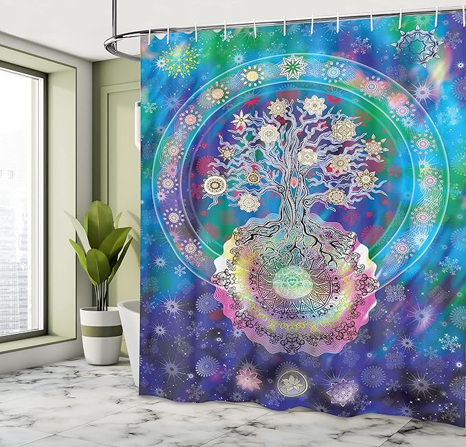 Ambesonne Mandala Shower Curtain, Tree of Life Image Floral Style Patterns and Mandala Design, Cloth Fabric Bathroom Decor Set with Hooks, 69" W x 84" L, Blue Purple