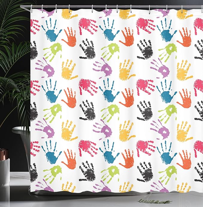 Ambesonne Cartoon Shower Curtain, Colorful Print Teamwork Painting Fun Games Illustration, Cloth Fabric Bathroom Decor Set with Hooks, 69" W x 84" L, Yellow Teal and Red