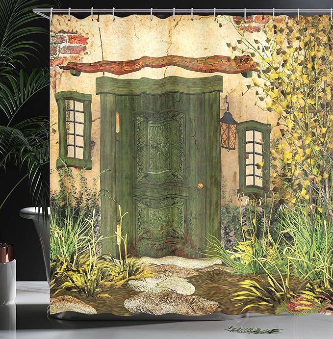 Ambesonne Rustic Shower Curtain, Cottage Door Overgrown Bushes Grass Tree Garden Brick Countryside, Cloth Fabric Bathroom Decor Set with Hooks, 69" W x 75" L, Green Ivory Yellow
