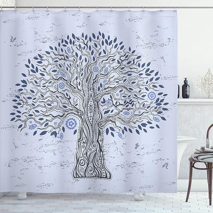 Ambesonne Tree of Life Shower Curtain, Doodle Tree Illustration Oriental Harmonious Design Mother Nature, Cloth Fabric Bathroom Decor Set with Hooks, 69" W x 70" L, Blue