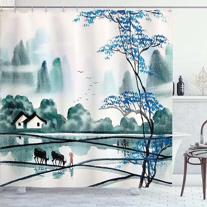 Ambesonne Nature Shower Curtain, Chinese Village with on Field with Bulls Pastoral Watercolor Art, Cloth Fabric Bathroom Decor Set with Hooks, 69" W x 70" L, Teal Violet Blue Black