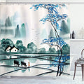 Ambesonne Nature Shower Curtain, Chinese Village with on Field with Bulls Pastoral Watercolor Art, Cloth Fabric Bathroom Decor Set with Hooks, 69" W x 70" L, Teal Violet Blue Black