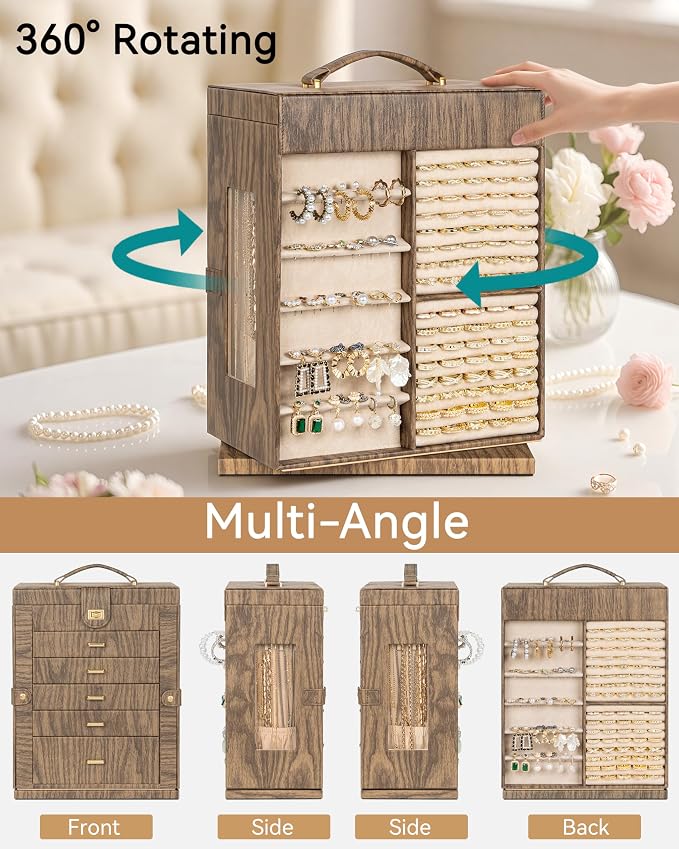 AKOZLIN 6-Tier Jewelry Box Organizer Functional 5 Drawers Leather Jewelry Storage Case for Women Girls Ring Necklace Earring Bracelet Holder Organizer with Mirror XL Wood Grain 360° Rotating