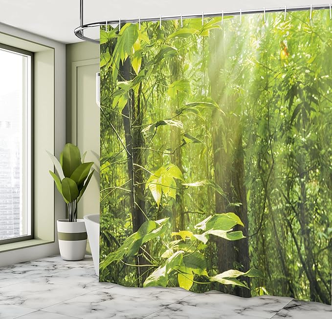 Ambesonne Nature Shower Curtain, Forest with Sunray Foliage Leaf Branches Woodland Eco Jungle Misty Picture, Cloth Fabric Bathroom Decor Set with Hooks, 69" W x 70" L, Lime Green Brown