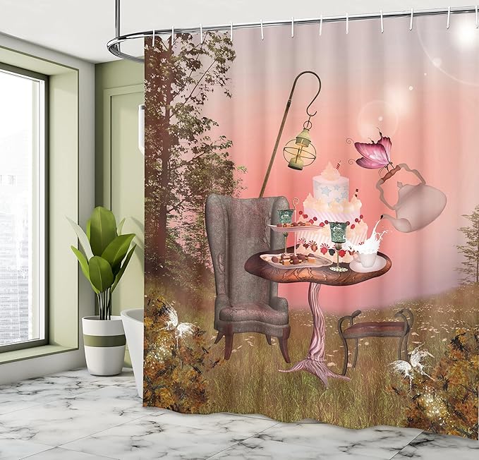 Ambesonne Surrealistic Shower Curtain, Birthday Alice in Wonderland with Cake Butterfly in Forest Cartoon Art, Cloth Fabric Bathroom Decor Set with Hooks, 69" W x 70" L, Pale Coral
