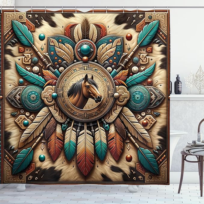 Ambesonne Rustic Shower Curtain, Wild West Horse Arrows and Feathers Southwestern Concept Earthy Colors, Cloth Fabric Bathroom Decor Set with Hooks, 69" W x 70" L, Teal Dark Taupe Cinnamon