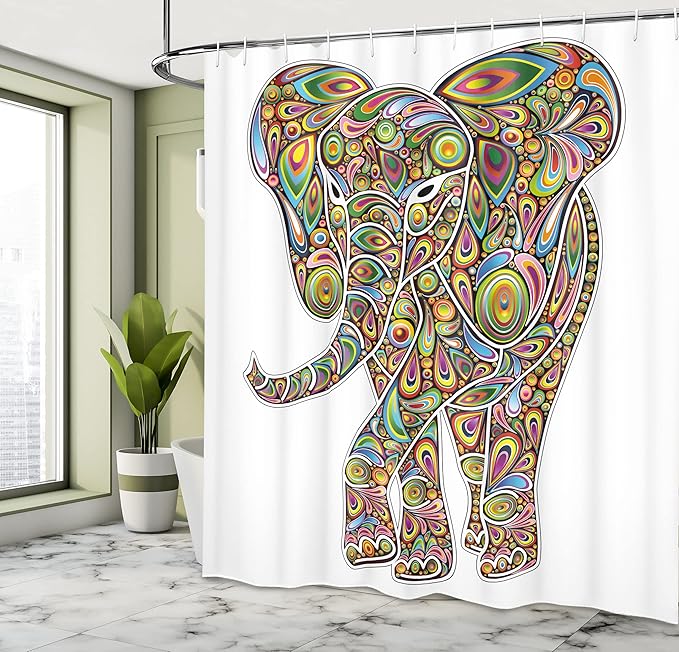 Ambesonne Psychedelic Shower Curtain, Large Eastern Trippy Pattern Boho Art Savannah Illustration, Cloth Fabric Bathroom Decor Set with Hooks, 69" W x 70" L, Multicolor White