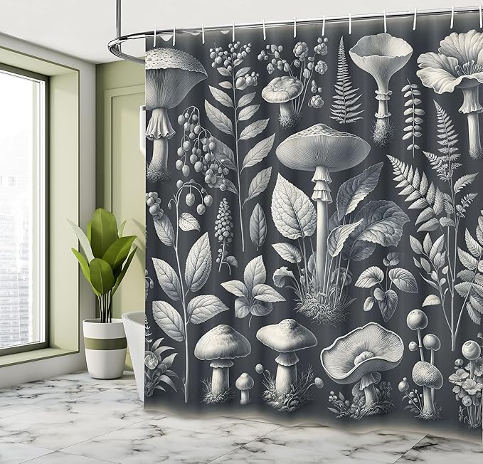 Ambesonne Botanical Shower Curtain, Art Medieval Witchcore Concept Modern Illustrated Mushroom Flowery and Leaves, Cloth Fabric Bathroom Decor Set with Hooks, 69" W x 75" L, Dark Blue Grey