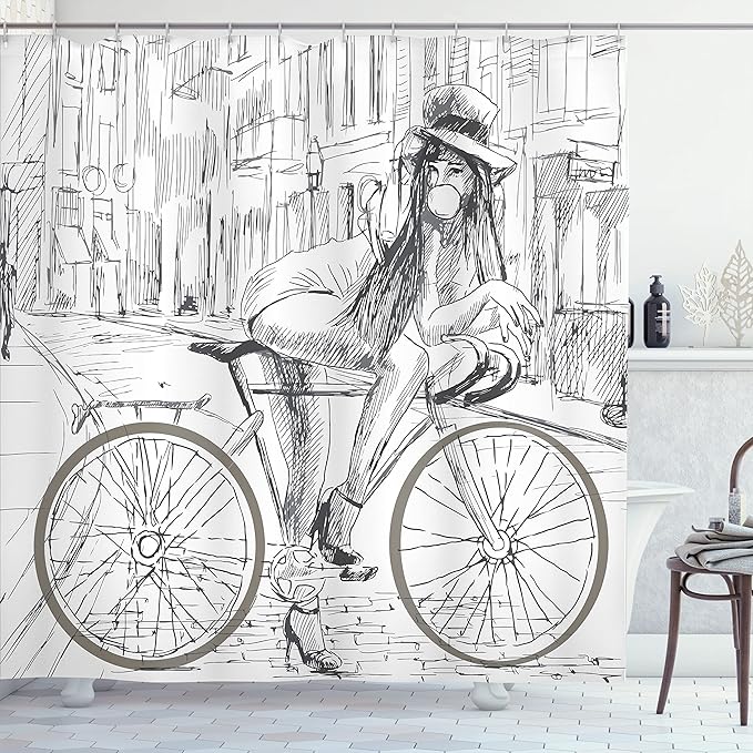 Ambesonne Bicycle Shower Curtain, Outrageous Young Lady Chewing Gum on Her Bike on Street Sketchy Illustration, Cloth Fabric Bathroom Decor Set with Hooks, 69" W x 75" L, White Grey