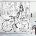 Ambesonne Bicycle Shower Curtain, Outrageous Young Lady Chewing Gum on Her Bike on Street Sketchy Illustration, Cloth Fabric Bathroom Decor Set with Hooks, 69" W x 70" L, White Grey