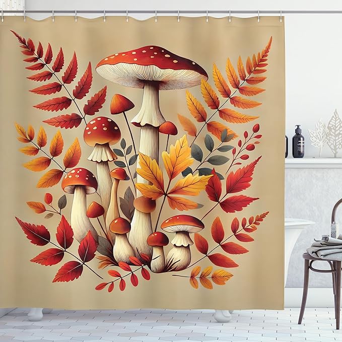 Ambesonne Fall Shower Curtain, Mushrooms and Autumn Leaves on Dark Tan Background Warm Woodland Colors, Cloth Fabric Bathroom Decor Set with Hooks, 69" W x 84" L, Vermilion and Marigold