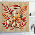 Ambesonne Fall Shower Curtain, Mushrooms and Autumn Leaves on Dark Tan Background Warm Woodland Colors, Cloth Fabric Bathroom Decor Set with Hooks, 69" W x 84" L, Vermilion and Marigold