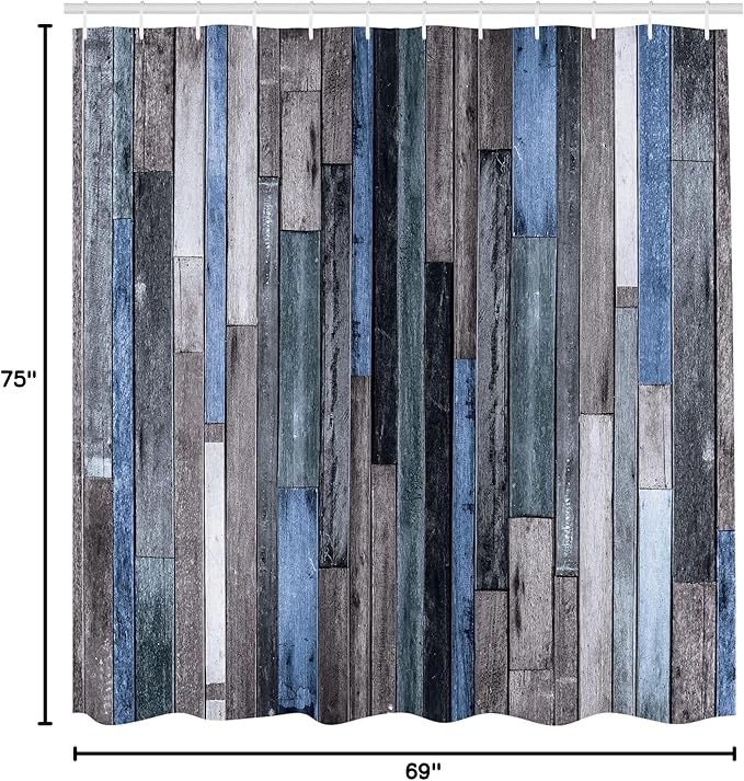 Ambesonne Wooden Print Shower Curtain, Brown Old Hardwood Floor Plank Grunge Lodge Garage Natural Rural Graphic, Cloth Fabric Bathroom Decor Set with Hooks, 69" W x 75" L, Azure Grey