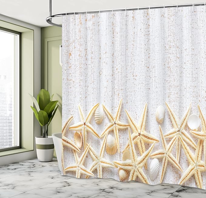 Ambesonne Seashells Shower Curtain, Sea Shells on Timber Pattern Tropical Honeymoon Getaways Classic Marine Theme, Cloth Fabric Bathroom Decor Set with Hooks, 69" W x 84" L, Pearl Ivory