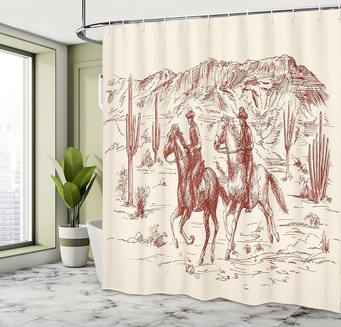 Ambesonne Western Shower Curtain, Country Theme Hand Drawn Illustration of American Wild West Desert with Cowboys, Cloth Fabric Bathroom Decor Set with Hooks, 69" W x 70" L, Cream Maroon