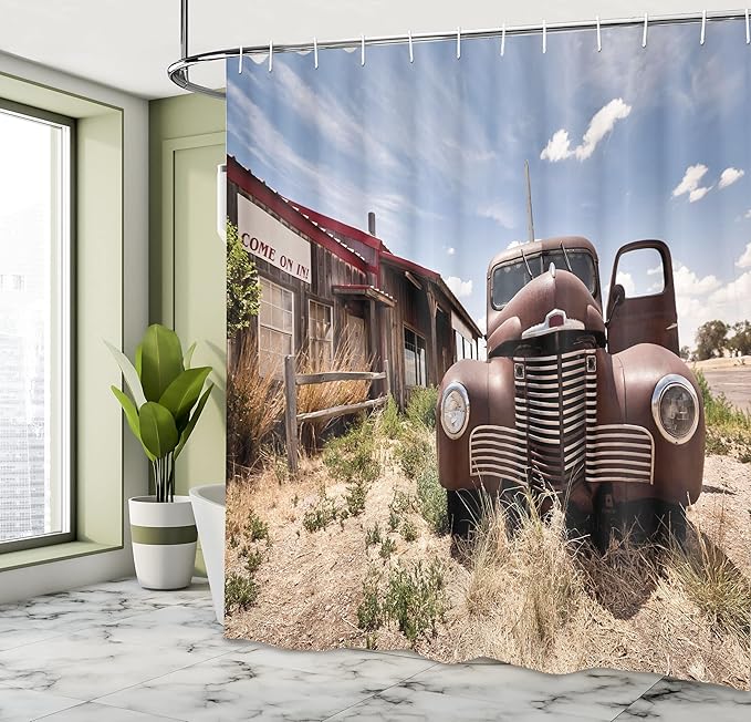 Ambesonne Americana Shower Curtain, an Abandoned Restaraunt on The Route 66 Come on in Sign of The Desert Road with a Rusty Old Car, Cloth Fabric Bathroom Set with Hooks, 69" W x 70" L, Brown Blue