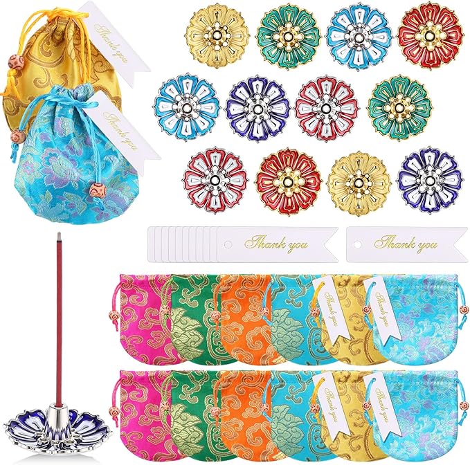 12 Sets Indian Return Gifts for Pooja Bulk Colorful Lotus Incense Holder Metal Incense Sticks Holder with Brocade Bags and Thanks Tags for Pooja Wedding Housewarming Spa Decor
