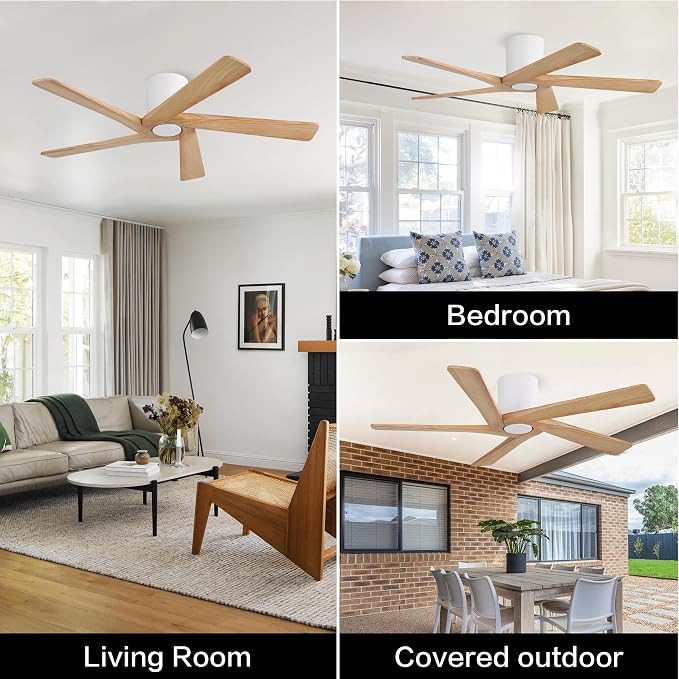 WINGBO 54 Inch Flush Mount DC Ceiling Fans without Lights, 5 Carved Solid Wood Blades, 6-Speed Reversible DC Motor, Low Profile Hugger Ceiling Fan No Lights for Indoor and Outdoor, White and Oak