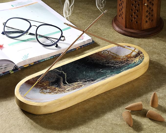 Bless-International Traditional-Handmade-Tray-Burner Wooden-Trat-Incense-Stick-Holder Ash-Catcher-Stand for-Aromatherapy-Meditation-Yoga (Green White Agate, 11x4x1.22 Inches)