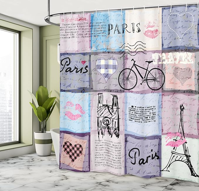 Ambesonne Paris Shower Curtain, Grunge Textured Retro Collage of France Famous Object Eiffel Tower Europe Theme, Cloth Fabric Bathroom Decor Set with Hooks, 69" W x 84" L, Multicolor Lilac