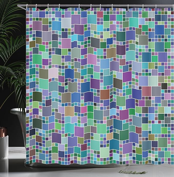 Ambesonne Colorful Shower Curtain, Mosaic Grid Geometric Digital Like Pattern with Hues Squares Pixelated Graphic Art, Cloth Fabric Bathroom Decor Set with Hooks, 69" W x 75" L, Pale Fuchsia