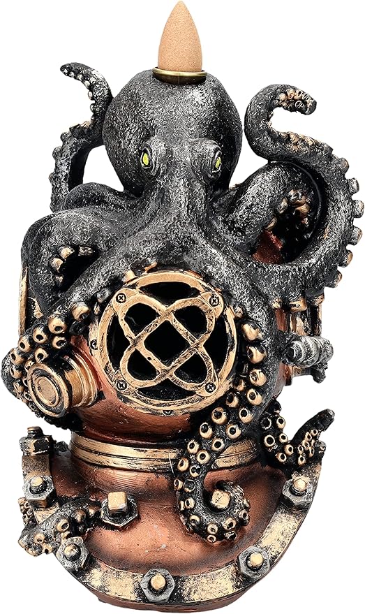 7" Kraken on Divers Helmet Backflow Incense Burner Resin Figurine