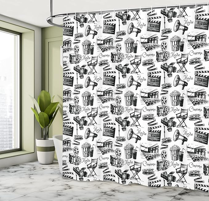 Ambesonne Movie Shower Curtain, Vintage Film Cinema Motion Camera Action Record Graphic Style Print, Cloth Fabric Bathroom Decor Set with Hooks, 69" W x 84" L, Charcoal White