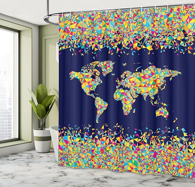 Ambesonne Map Print Shower Curtain, World Map Design with Mosaics Print Global Scene Atlas Colorful Art, Cloth Fabric Bathroom Decor Set with Hooks, 69" W x 84" L, Dark Blue Yellow Blue