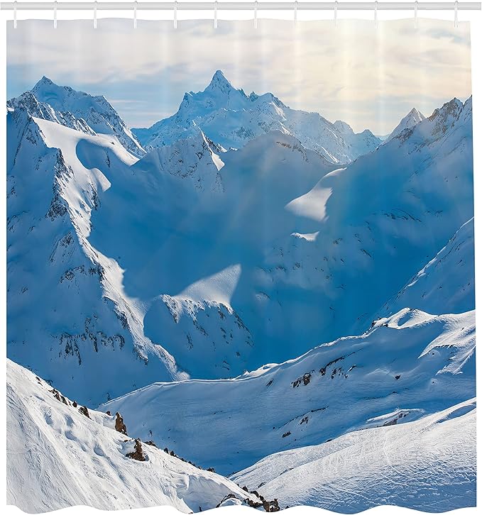 Ambesonne Mountain Shower Curtain, Snowy Mountain Peaks Winter Season Frozen Lands Alps High Scenic Europe Surreal, Cloth Fabric Bathroom Decor Set with Hooks, 69" W x 70" L, White Blue