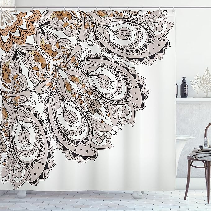 Ambesonne Mandala Shower Curtain, Edge of Mandala Pattern Detailed Paisley Mystic Traditional Design, Cloth Fabric Bathroom Decor Set with Hooks, 69" W x 70" L, Almond Ecru