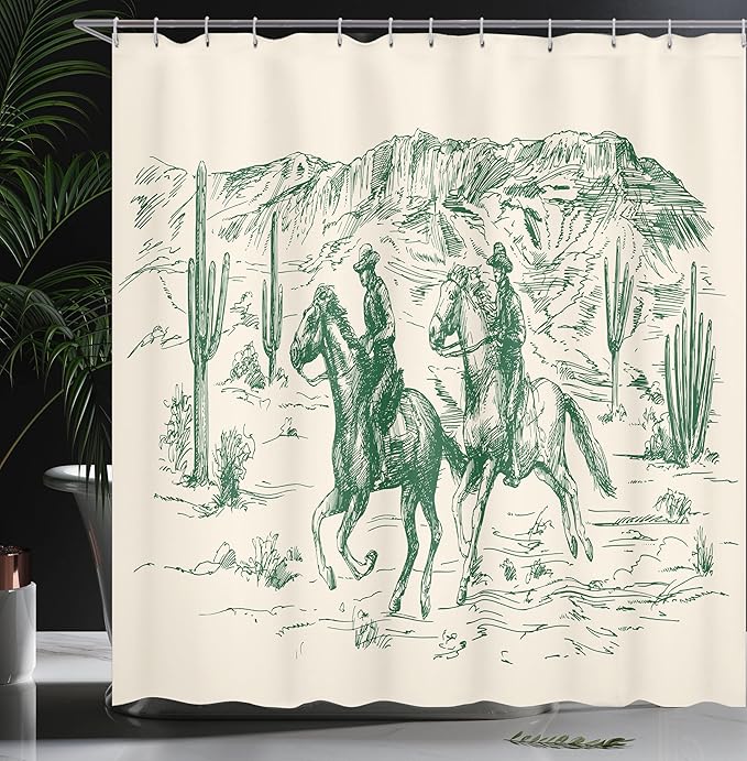 Ambesonne Western Shower Curtain, Country Theme Hand Drawn Illustration of American Wild West Desert with Cowboys, Cloth Fabric Bathroom Decor Set with Hooks, 69" W x 75" L, Jade Green