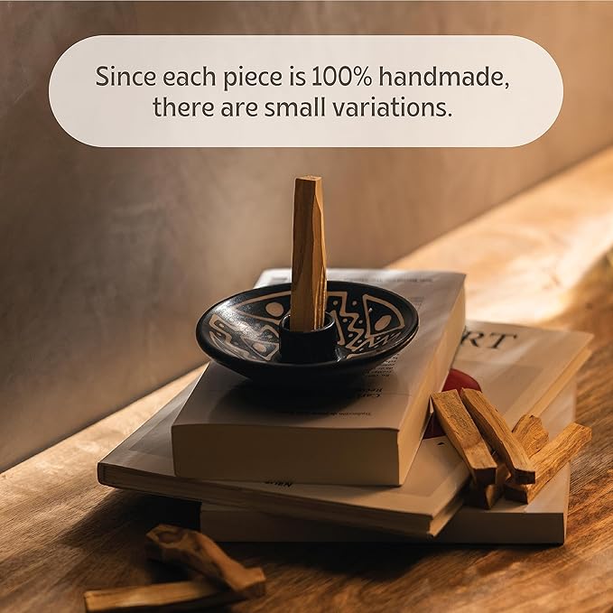 Palo Santo Holder with 5 Sticks - Luna Sundara Handmade Ceramic Incense Burner - Black & White Chulucanas Pottery from Peru - Smudge Bowl for Sage - Aromatherapy Gift Set