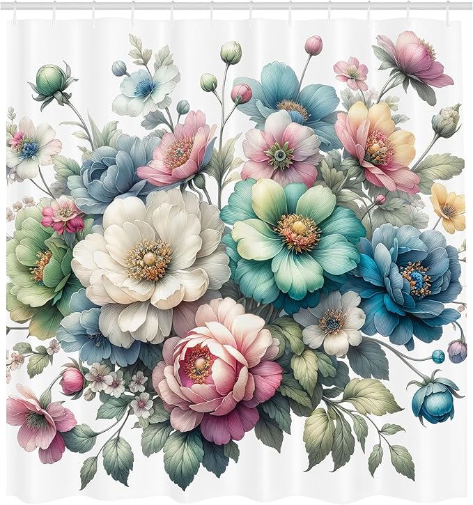 Ambesonne Floral Shower Curtain, Whimsical Cottagecore Colorful Peony Flowers Arrange on Plain Backdrop, Cloth Fabric Bathroom Decor Set with Hooks, 69" W x 70" L, Coconut Teal Multicolor