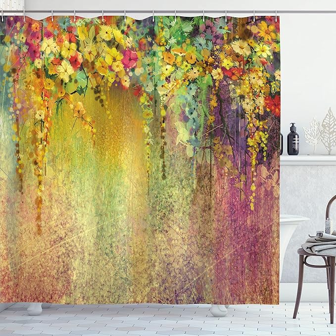 Ambesonne Flower Shower Curtain, Abstract Herbs Alternative Medicine Blossoms Ivy Back Florets Shrubs Design, Cloth Fabric Bathroom Decor Set with Hooks, 69" W x 70" L, Earth Yellow