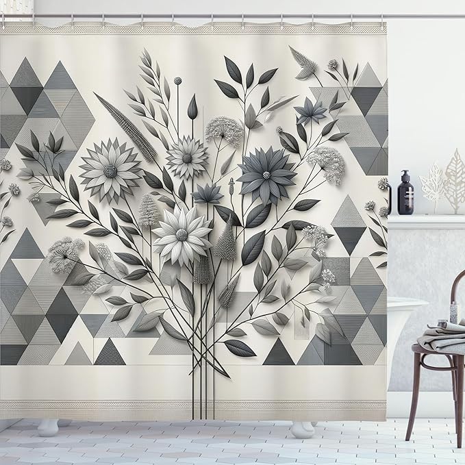 Ambesonne Grey Shower Curtain, Wild Flowery with Melancholic Boho Leaves on Geometric Triangle Pattern Back, Cloth Fabric Bathroom Decor Set with Hooks, 69" W x 84" L, Grey Teal Slate Blue