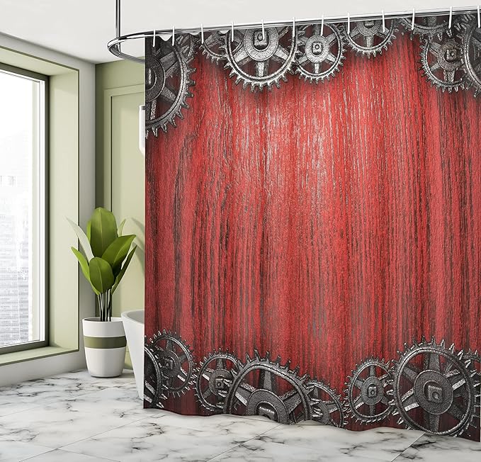 Ambesonne Industrial Shower Curtain, Gear Wheels on The Wooden Background Penal Cogwheel Clockwork Arrangement, Cloth Fabric Bathroom Decor Set with Hooks, 69" W x 70" L, Black Dimgrey