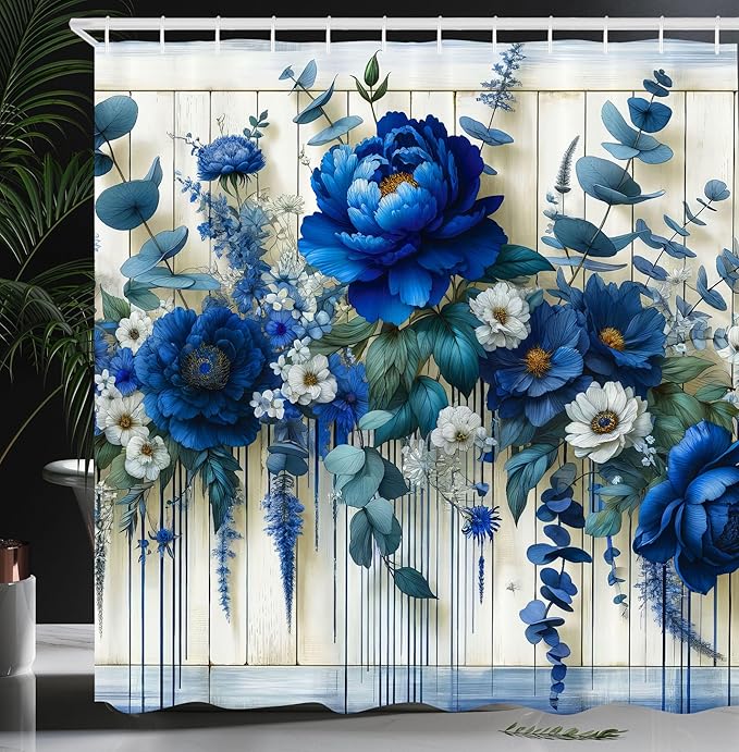 Ambesonne Blue Shower Curtain, Peony Daisy and Wild Flowers with Eucalyptus Branches on Rustic Backdrop, Cloth Fabric Bathroom Decor Set with Hooks, 69" W x 75" L, Teal and Dark Turquoise