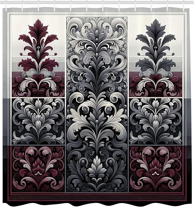Ambesonne Damask Shower Curtain, Vintage Inspired Opulent Themed Leafy Ornaments Nature Abloom Print, Cloth Fabric Bathroom Decor Set with Hooks, 69" W x 84" L, Maroon and Dark Blue Grey