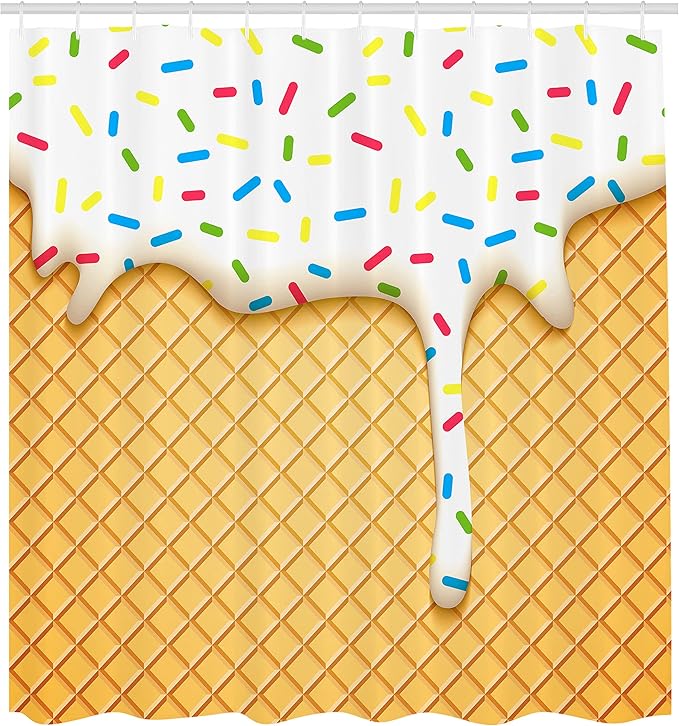 Ambesonne Food Shower Curtain, Cartoon Like Image of and Melting Ice Cream Cones Colored Sprinkles Print, Cloth Fabric Bathroom Decor Set with Hooks, 69" W x 70" L, Multicolor Mustard