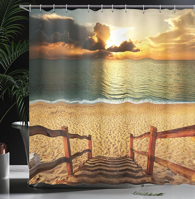 Ambesonne Beach Shower Curtain, Dramatic Beach Scenery with Majestic Rain Cloud Horizon Heaven Paradise Theme, Cloth Fabric Bathroom Decor Set with Hooks, 69" W x 84" L, Orange Cream