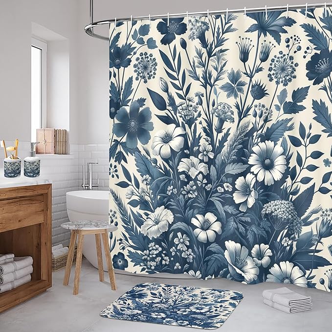 Ambesonne Navy Blue Bathroom Decor Set 4 Pcs Including Shower Curtain with Hooks Bath Mat Soap Dispenser Toothbrush Holder in Box Essentials & Accessories, Boho Daisy Art, Dark Slate Blue Coconut